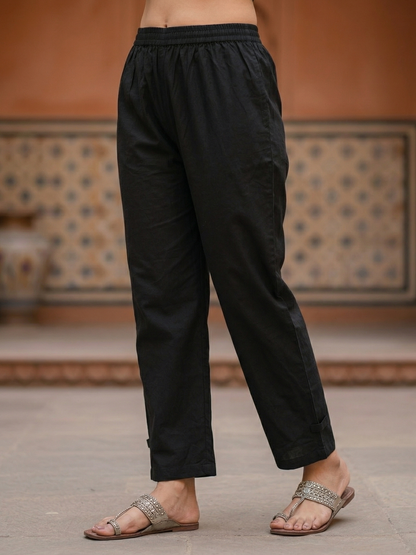 Solid Embroidered Princess Cut Panelled Kurta with Palazzo - Black