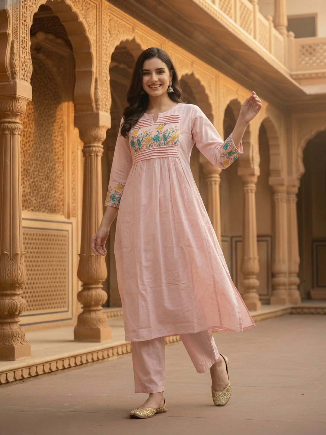 Solid Embroidered Empire Panelled Kurta with Palazzo - Pink