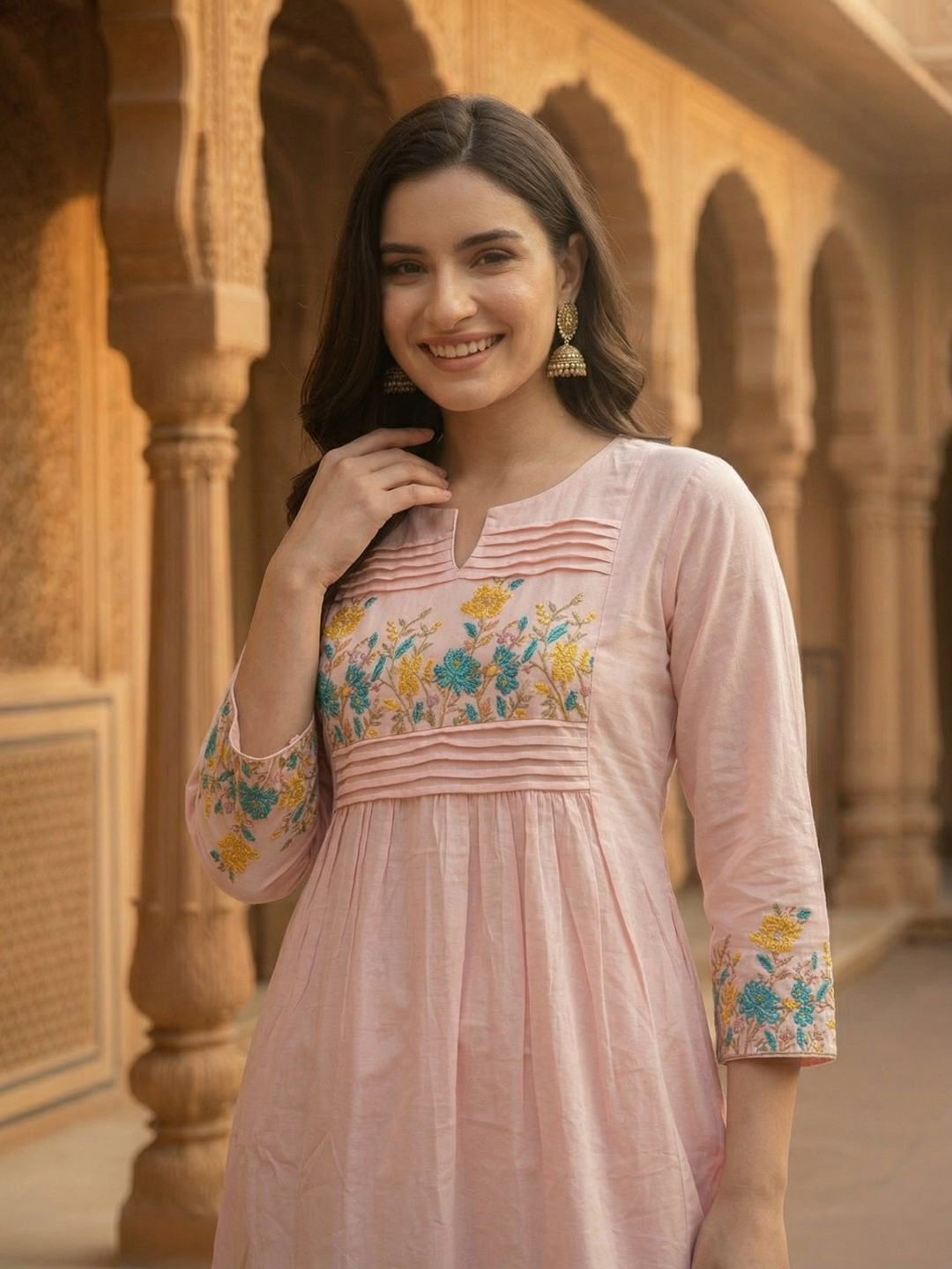 Solid Embroidered Empire Panelled Kurta with Palazzo - Pink