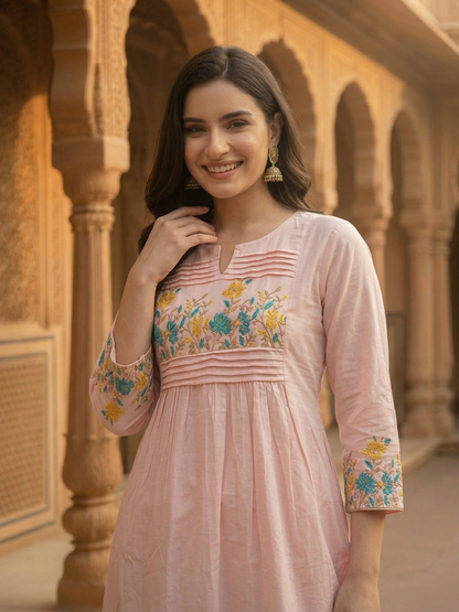 Solid Embroidered Empire Panelled Kurta with Palazzo - Pink