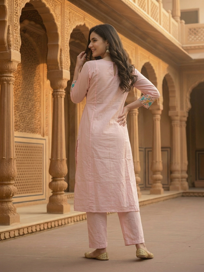 Solid Embroidered Empire Panelled Kurta with Palazzo - Pink