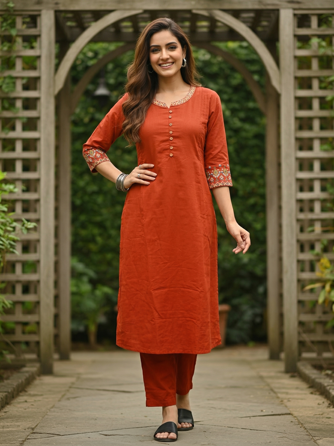Solid Embroidered A-Line Kurta with Pyjama - Rust