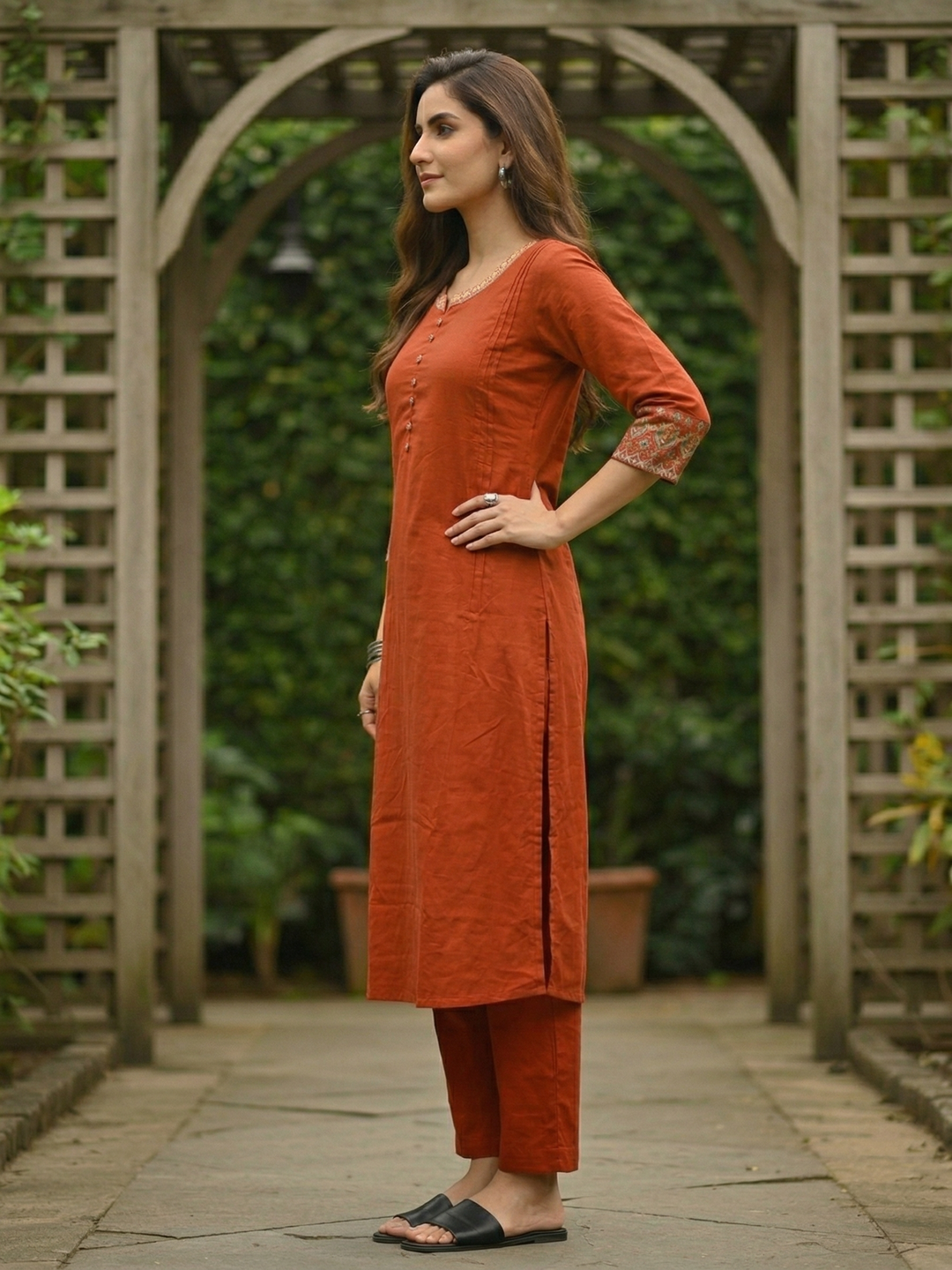 Solid Embroidered A-Line Kurta with Pyjama - Rust