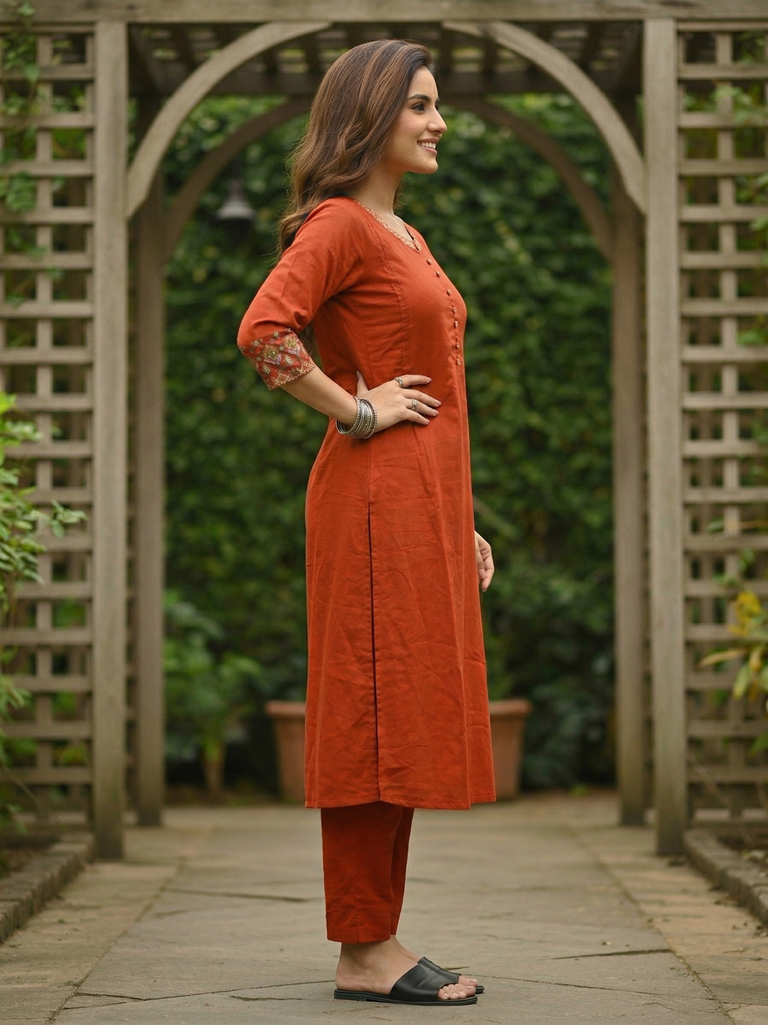 Solid Embroidered A-Line Kurta with Pyjama - Rust