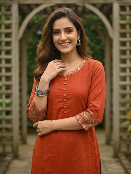 Solid Embroidered A-Line Kurta with Pyjama - Rust