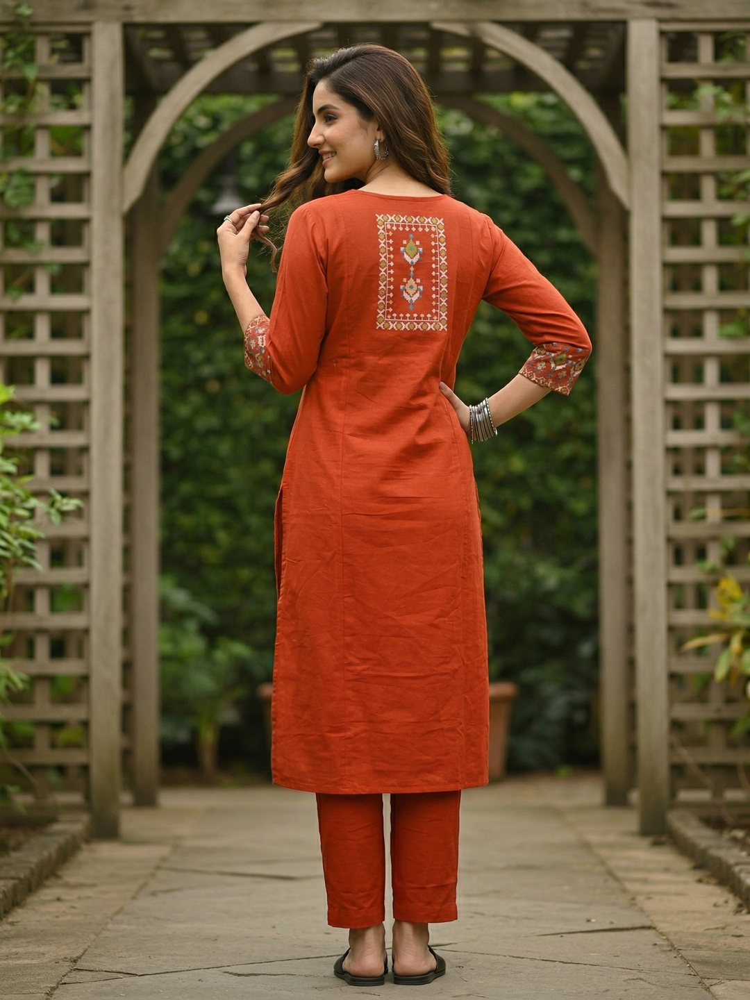 Solid Embroidered A-Line Kurta with Pyjama - Rust