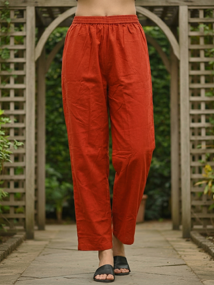 Solid Embroidered A-Line Kurta with Pyjama - Rust
