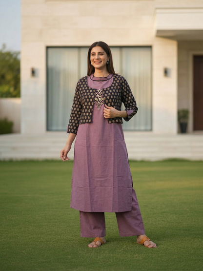 Ajrakh Print Appliqué Halter Neck A-Line Kurta with Pant & Printed Jacket - Purple