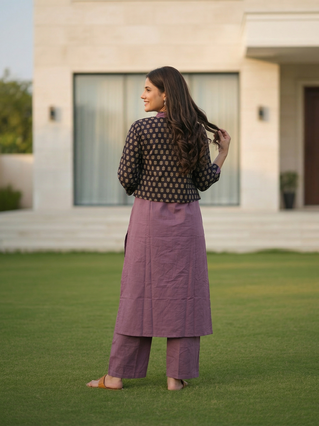 Ajrakh Print Appliqué Halter Neck A-Line Kurta with Pant & Printed Jacket - Purple
