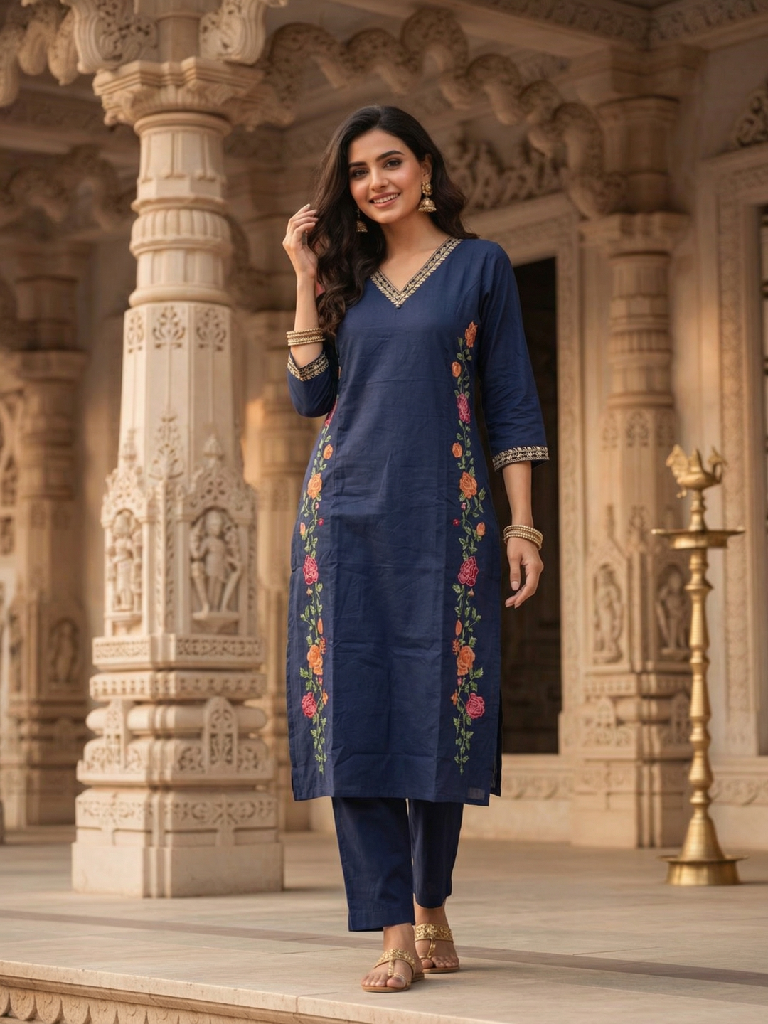 Solid Embroidered Princess Cut Panelled Kurta with Palazzo - Blue