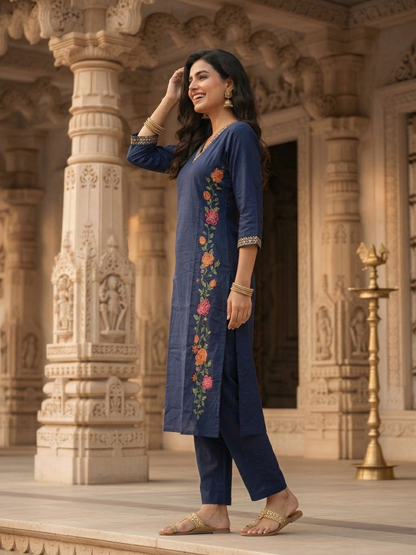 Solid Embroidered Princess Cut Panelled Kurta with Palazzo - Blue