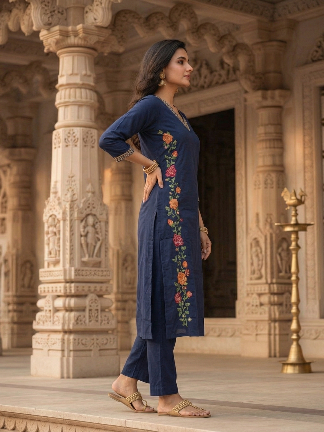 Solid Embroidered Princess Cut Panelled Kurta with Palazzo - Blue