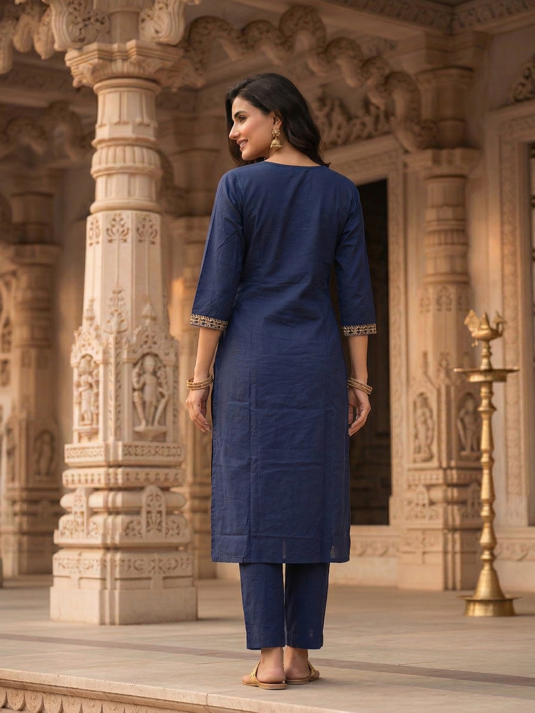Solid Embroidered Princess Cut Panelled Kurta with Palazzo - Blue