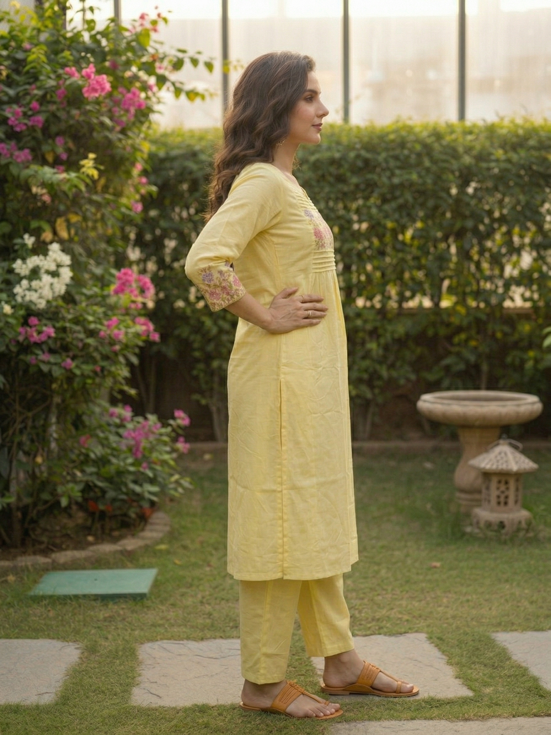 Solid Embroidered Empire Panelled Kurta with Palazzo - Yellow
