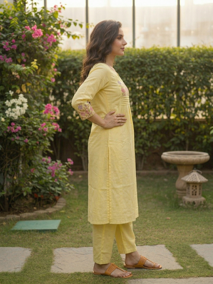 Solid Embroidered Empire Panelled Kurta with Palazzo - Yellow