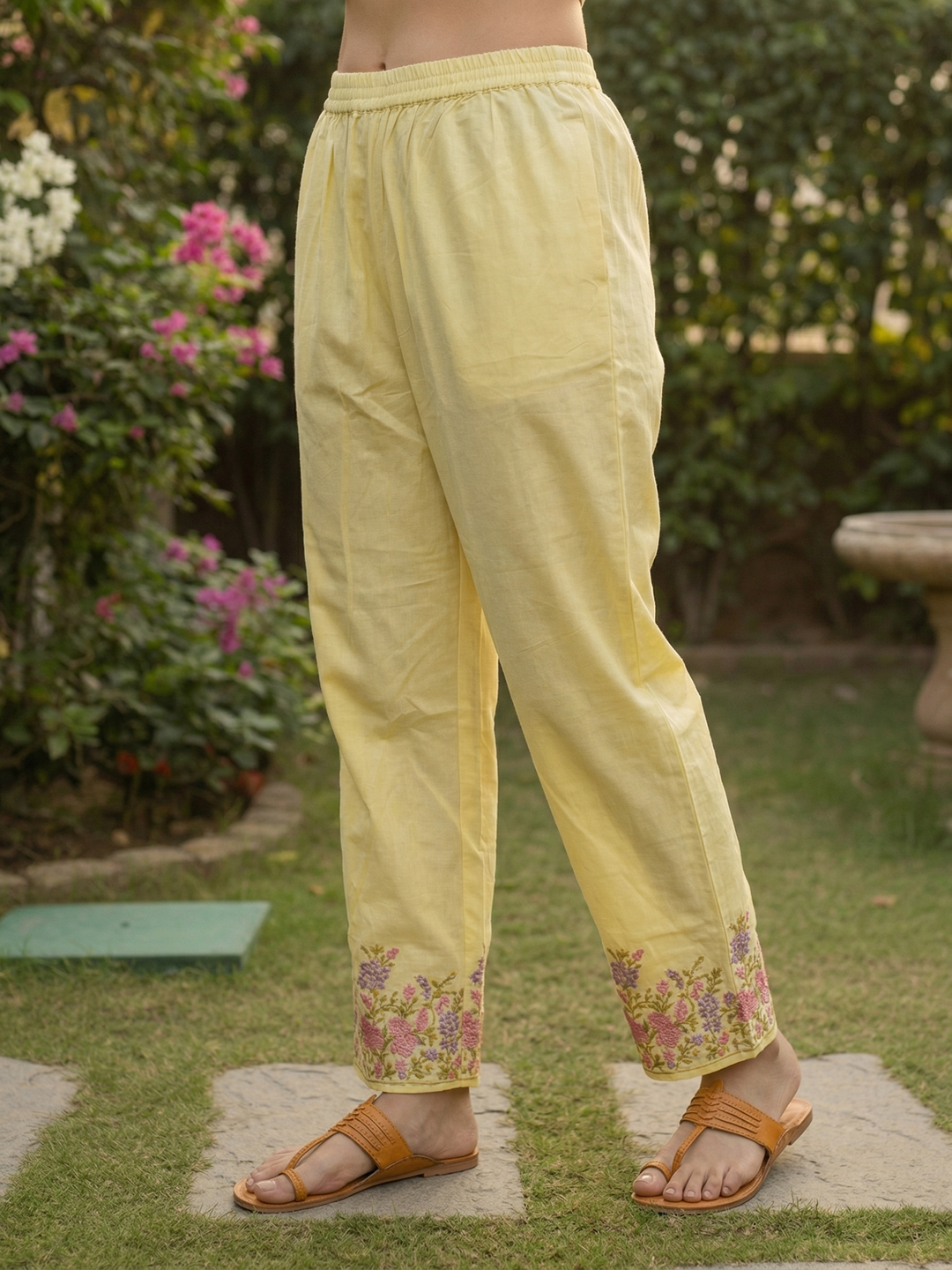 Solid Embroidered Empire Panelled Kurta with Palazzo - Yellow