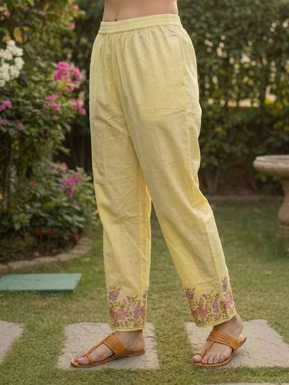 Solid Embroidered Empire Panelled Kurta with Palazzo - Yellow