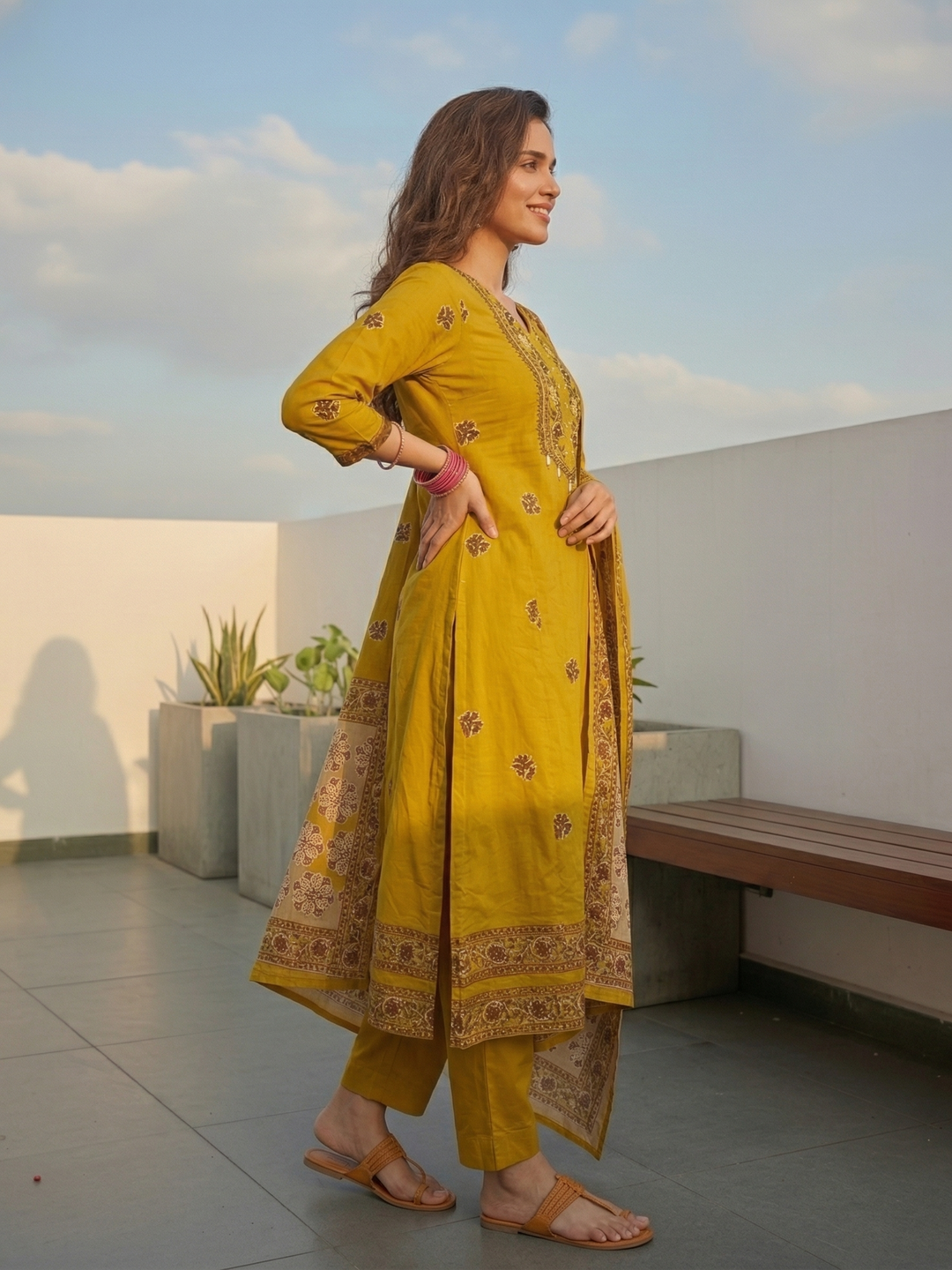 Solid Anarkali Kurta with Pyjama & Dupatta - Mustard