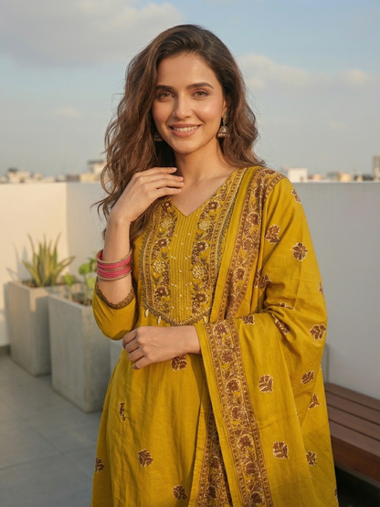 Solid Anarkali Kurta with Pyjama & Dupatta - Mustard