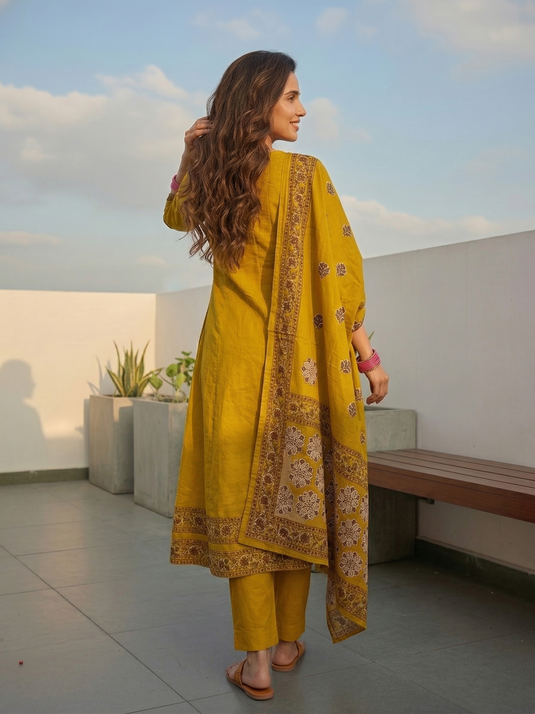 Solid Anarkali Kurta with Pyjama & Dupatta - Mustard