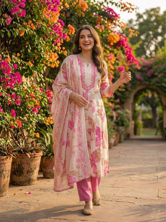 Floral Printed Anarkali Kurta with Palazzo & Dupatta - Pink