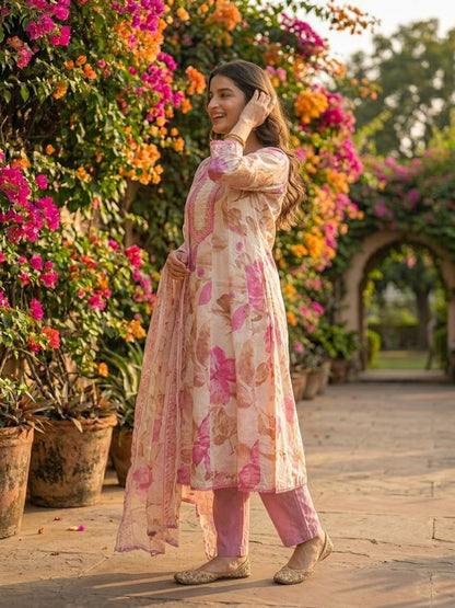 Floral Printed Anarkali Kurta with Palazzo & Dupatta - Pink