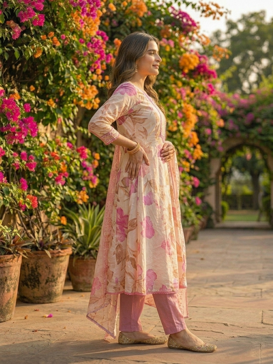 Floral Printed Anarkali Kurta with Palazzo & Dupatta - Pink