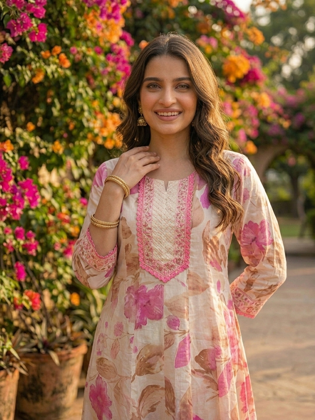 Floral Printed Anarkali Kurta with Palazzo & Dupatta - Pink