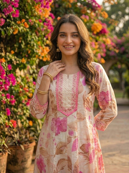 Floral Printed Anarkali Kurta with Palazzo & Dupatta - Pink