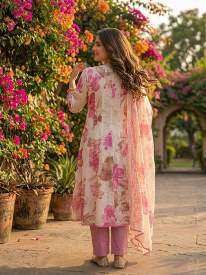 Floral Printed Anarkali Kurta with Palazzo & Dupatta - Pink