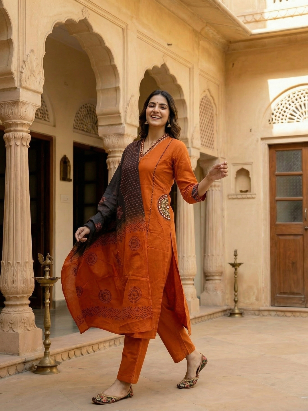 Solid Embroidered Panelled A-Line Kurta with Pyjama & Tie-Dye Dupatta - Rust