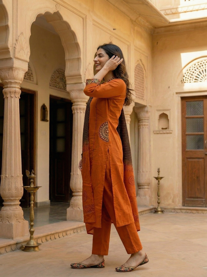 Solid Embroidered Panelled A-Line Kurta with Pyjama & Tie-Dye Dupatta - Rust