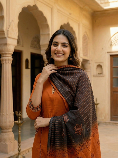 Solid Embroidered Panelled A-Line Kurta with Pyjama & Tie-Dye Dupatta - Rust