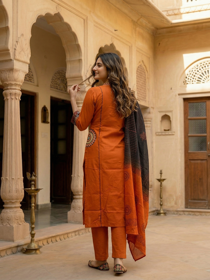 Solid Embroidered Panelled A-Line Kurta with Pyjama & Tie-Dye Dupatta - Rust