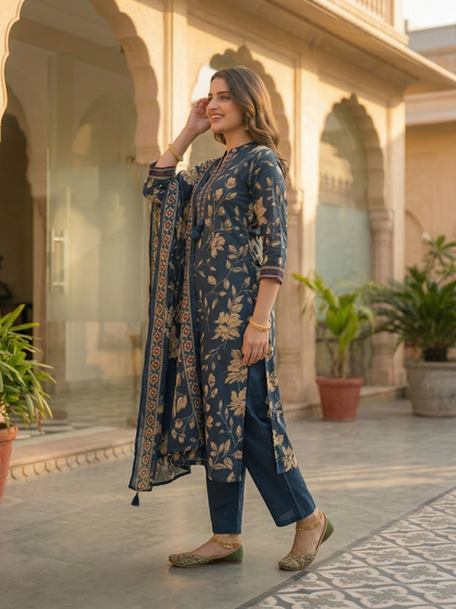 Floral Jaal Printed Straight Kurta with Palazzo & Dupatta - Navy Blue