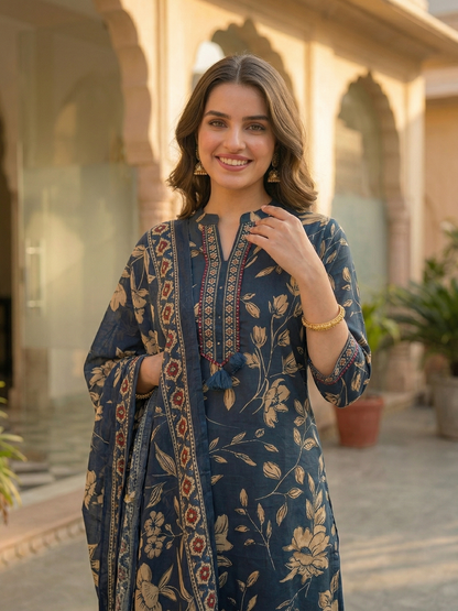 Floral Jaal Printed Straight Kurta with Palazzo & Dupatta - Navy Blue