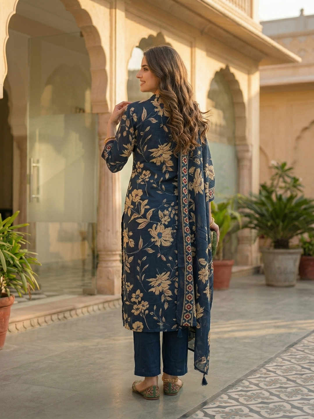 Floral Jaal Printed Straight Kurta with Palazzo & Dupatta - Navy Blue