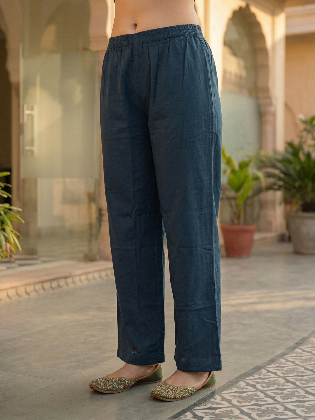 Floral Jaal Printed Straight Kurta with Palazzo & Dupatta - Navy Blue