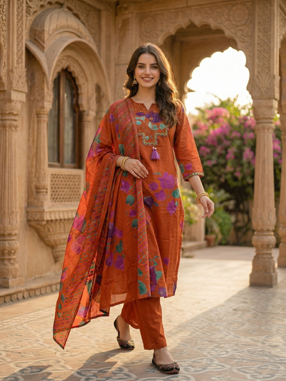 Floral Printed Mirror Work Embroidered Straight Kurta with Palazzo & Dupatta - Rust