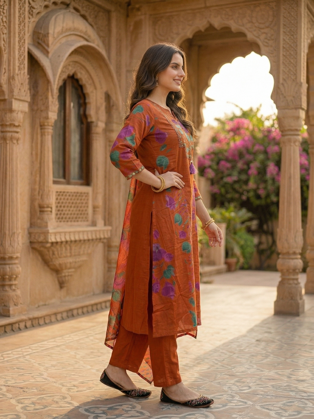Floral Printed Mirror Work Embroidered Straight Kurta with Palazzo & Dupatta - Rust
