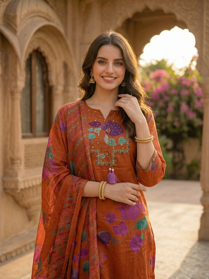 Floral Printed Mirror Work Embroidered Straight Kurta with Palazzo & Dupatta - Rust