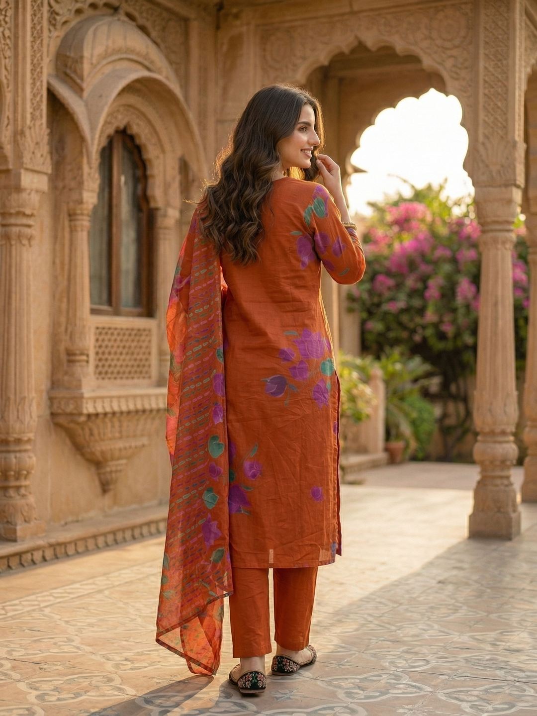 Floral Printed Mirror Work Embroidered Straight Kurta with Palazzo & Dupatta - Rust
