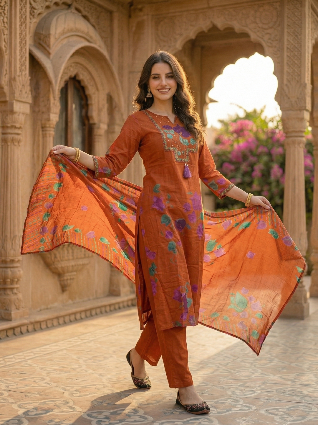 Floral Printed Mirror Work Embroidered Straight Kurta with Palazzo & Dupatta - Rust