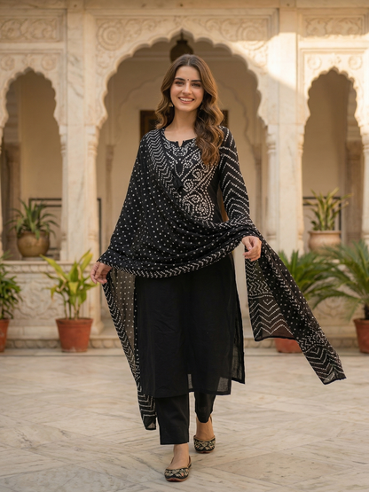 Bandhani Printed Mirror Work A-Line Kurta with Palazzo & Dupatta - Black