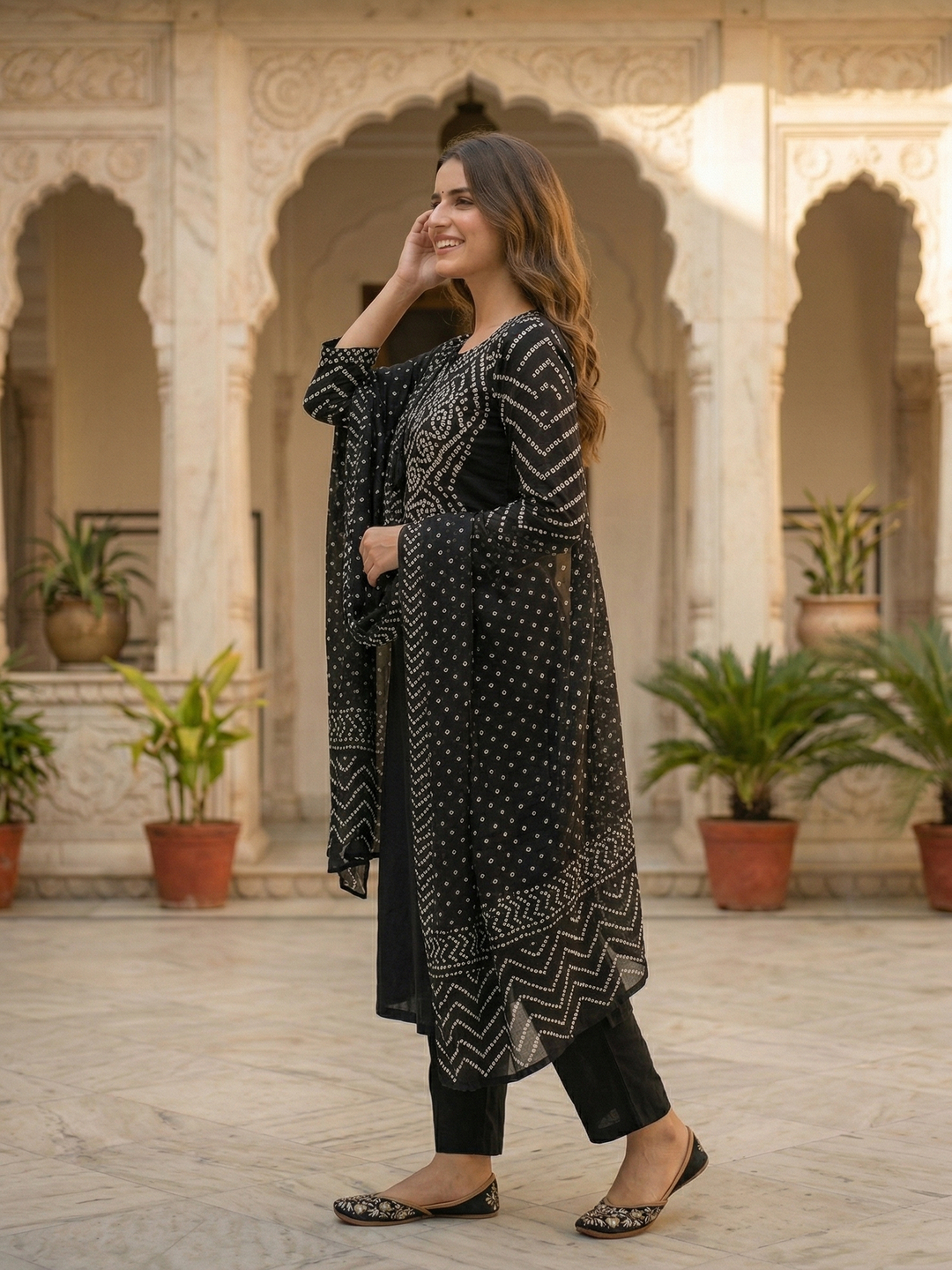 Bandhani Printed Mirror Work A-Line Kurta with Palazzo & Dupatta - Black