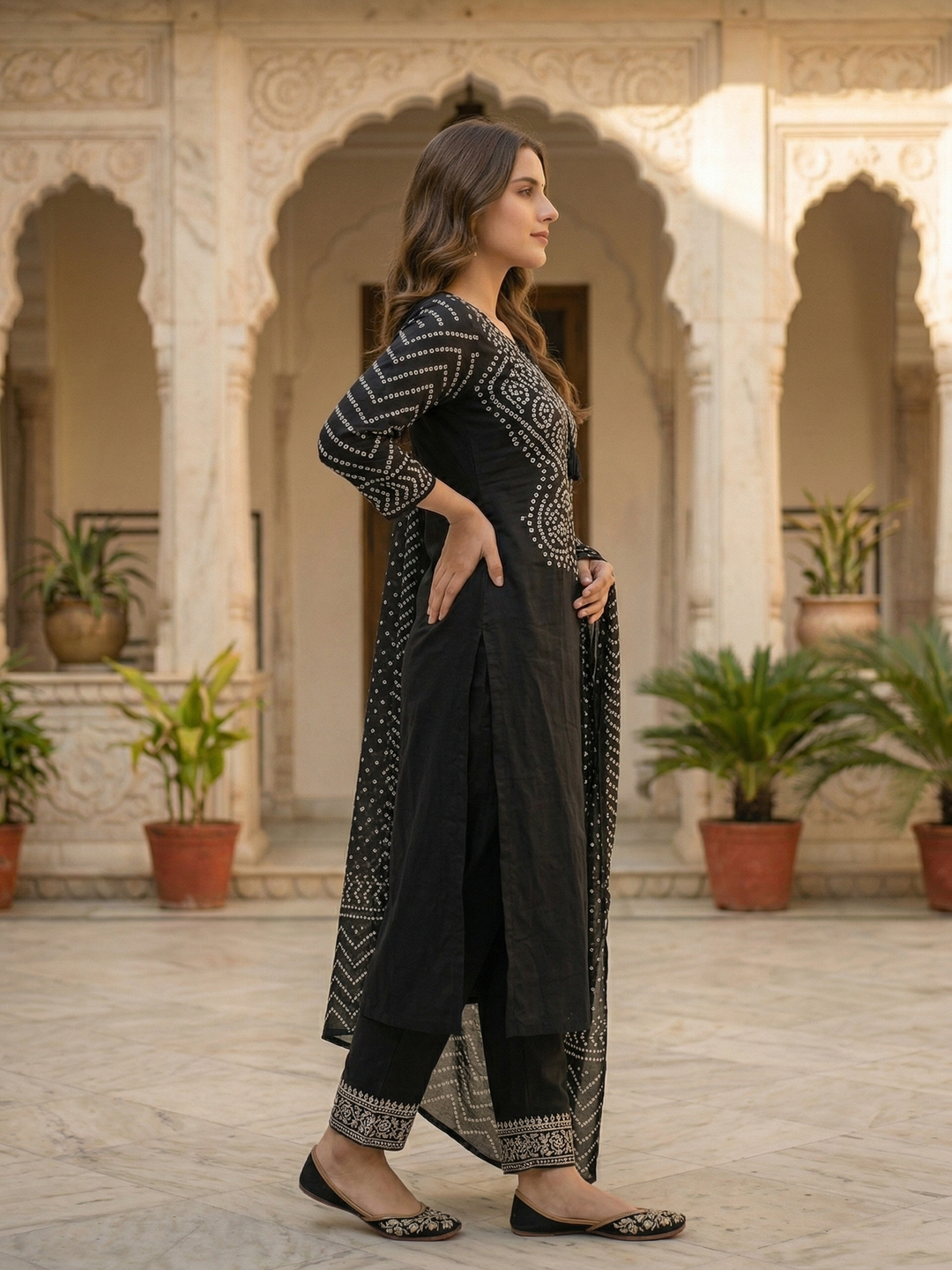 Bandhani Printed Mirror Work A-Line Kurta with Palazzo & Dupatta - Black