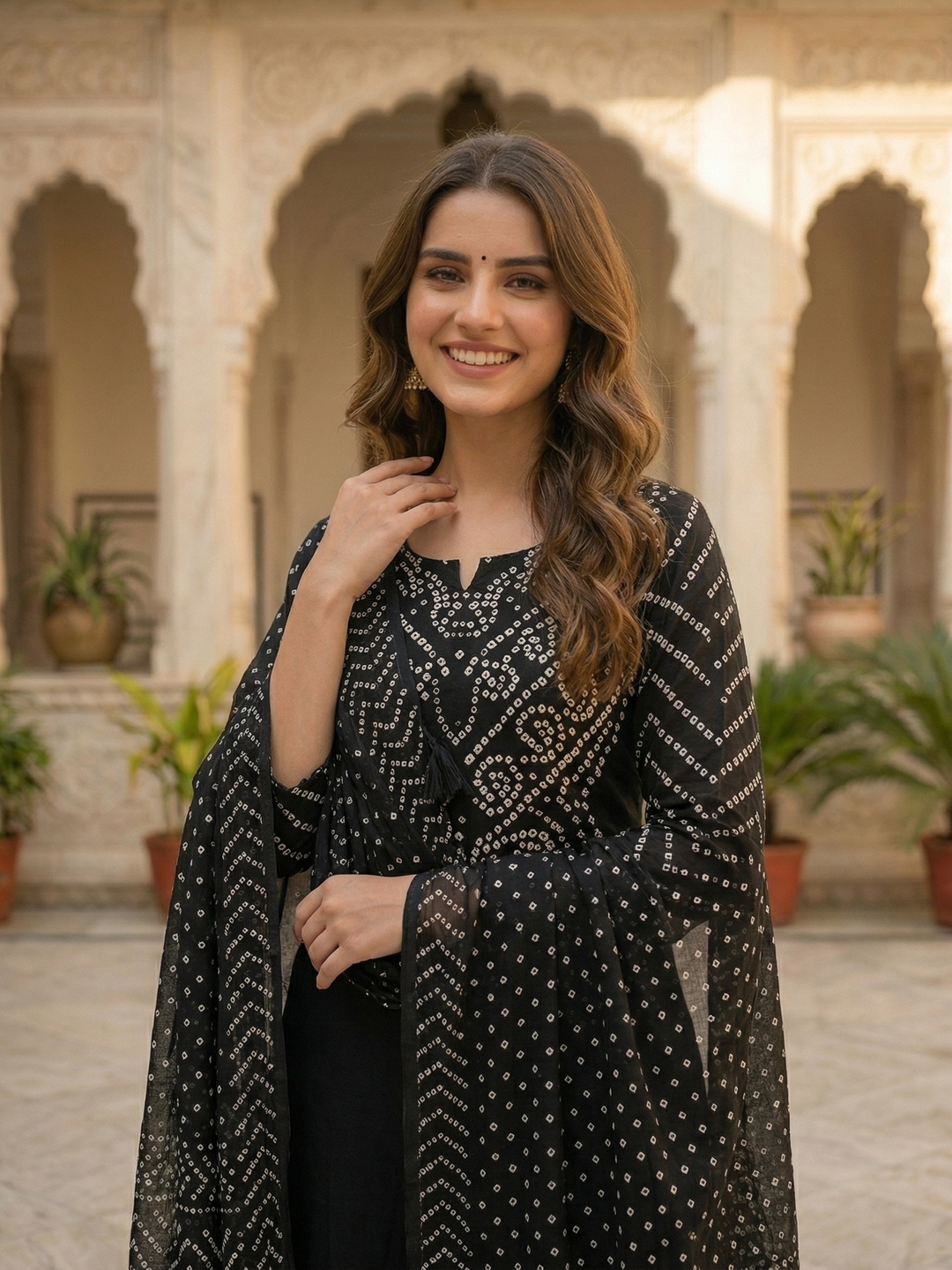 Bandhani Printed Mirror Work A-Line Kurta with Palazzo & Dupatta - Black