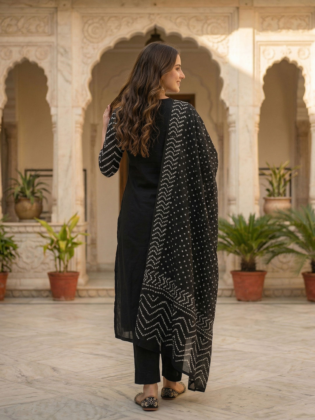 Bandhani Printed Mirror Work A-Line Kurta with Palazzo & Dupatta - Black