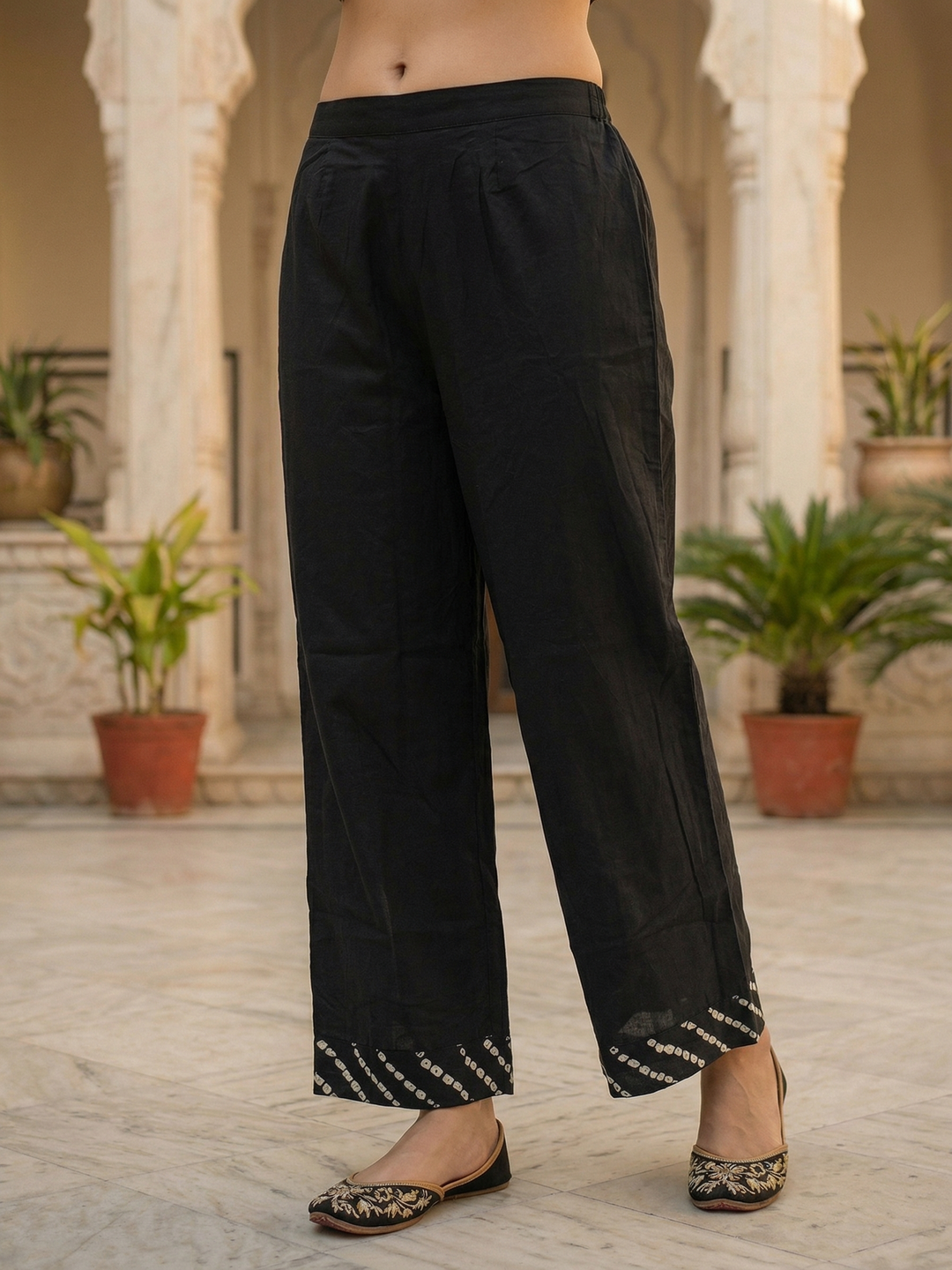 Bandhani Printed Mirror Work A-Line Kurta with Palazzo & Dupatta - Black