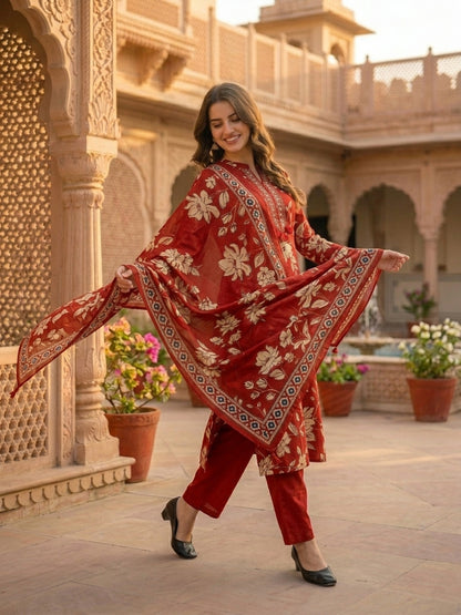 Floral Jaal Printed Straight Kurta with Palazzo & Dupatta - Maroon